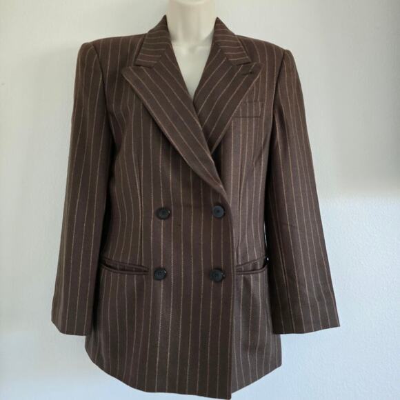 Vintage Emporio Armani Double Breasted Wool Blazer Jacket Brown Striped EU40 US8 - Picture 1 of 10